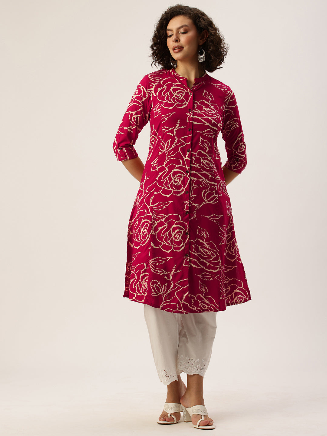 Red Floral Printed Mandarin Collar Kurta, Princess Cur Kurta, A-Line Kurta, Floral Print, Mandarin Collar kurta, printed kurta