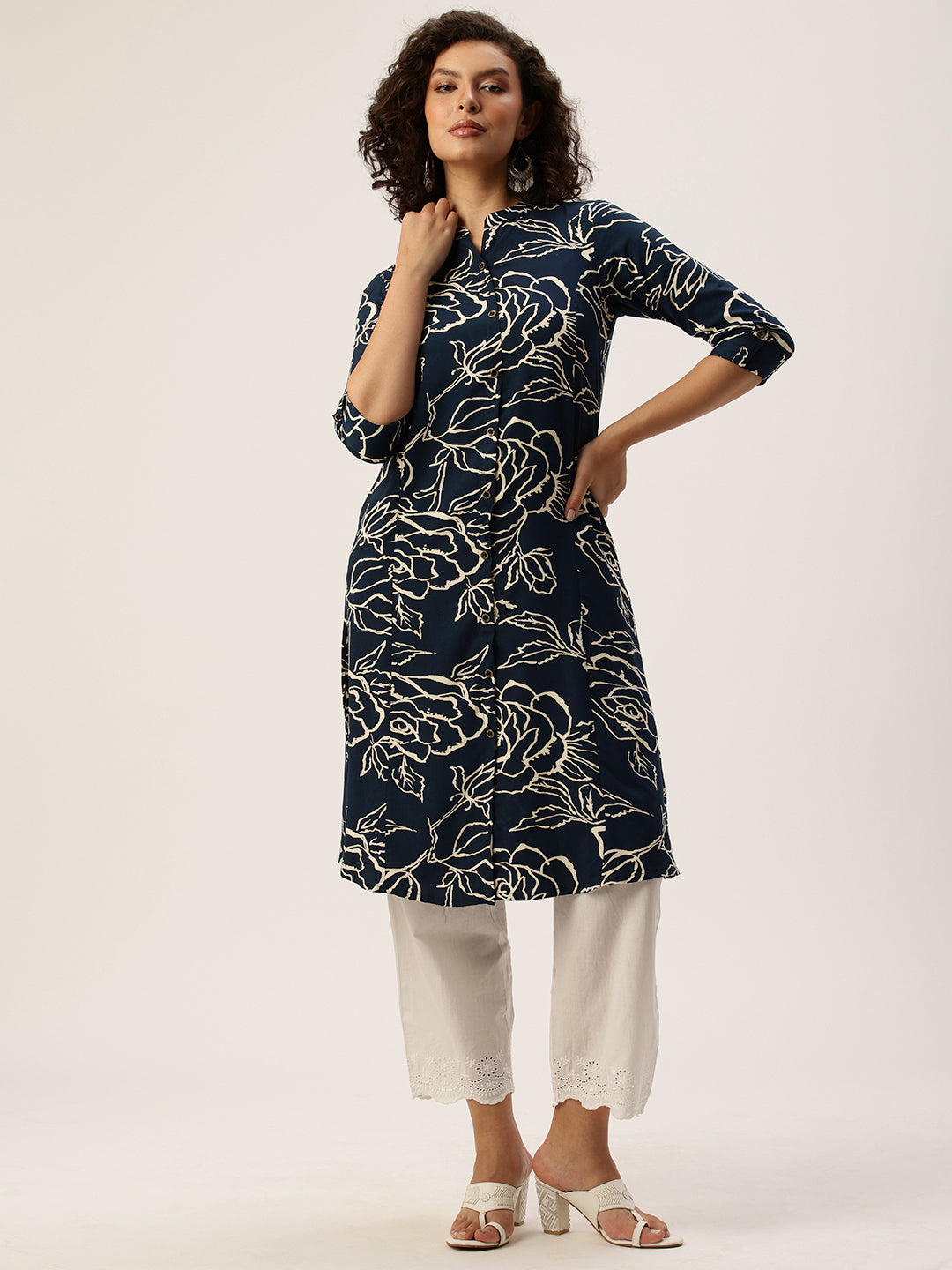 Blue Floral Printed Mandarin Collar Kurta, Princess Cur Kurta, A-Line Kurta, Floral Print, Mandarin Collar kurta, printed kurta