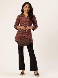 Maroon Floral Printed Mandarin Collar Tunic