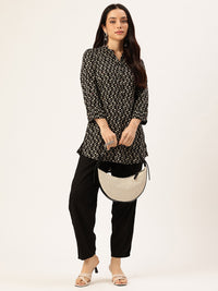 Black Floral Printed Mandarin Collar Tunic