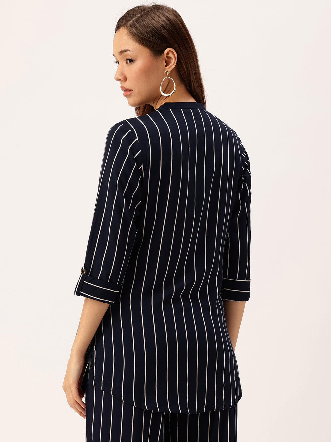 Blue Striped Mandarin Collar Tunic, Floral Printed Tunic, Striped printed tunic, mandarin collar Tunic, casual wear Tunic, women’s tunic, Office Wear Tunic