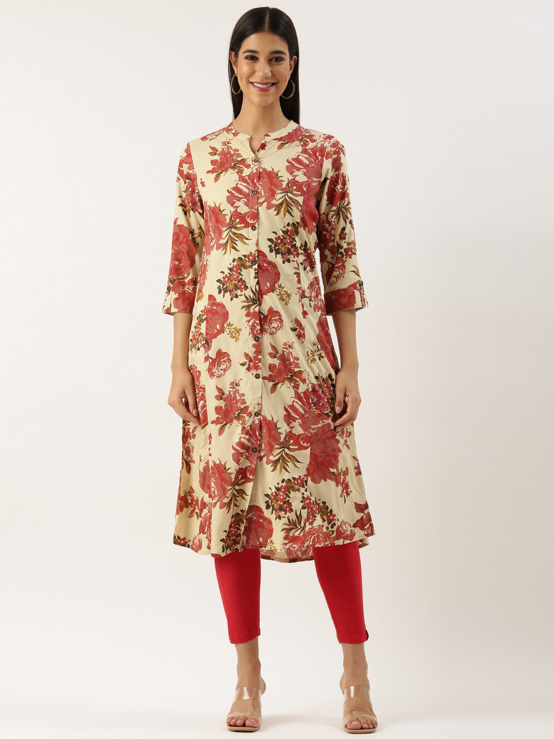 Beige Floral Printed Kurta