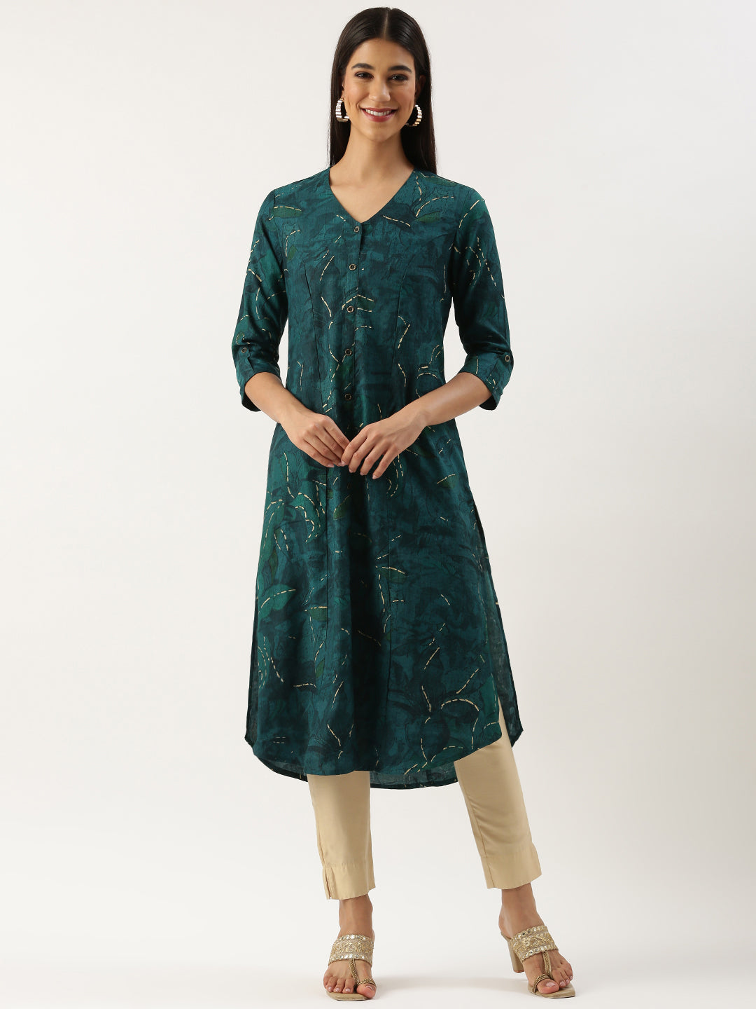 Green Leaf Printed V-Neck Kurta, Princess Cur Kurta, A-Line Kurta, Floral Print, Mandarin Collar kurta, printed kurta