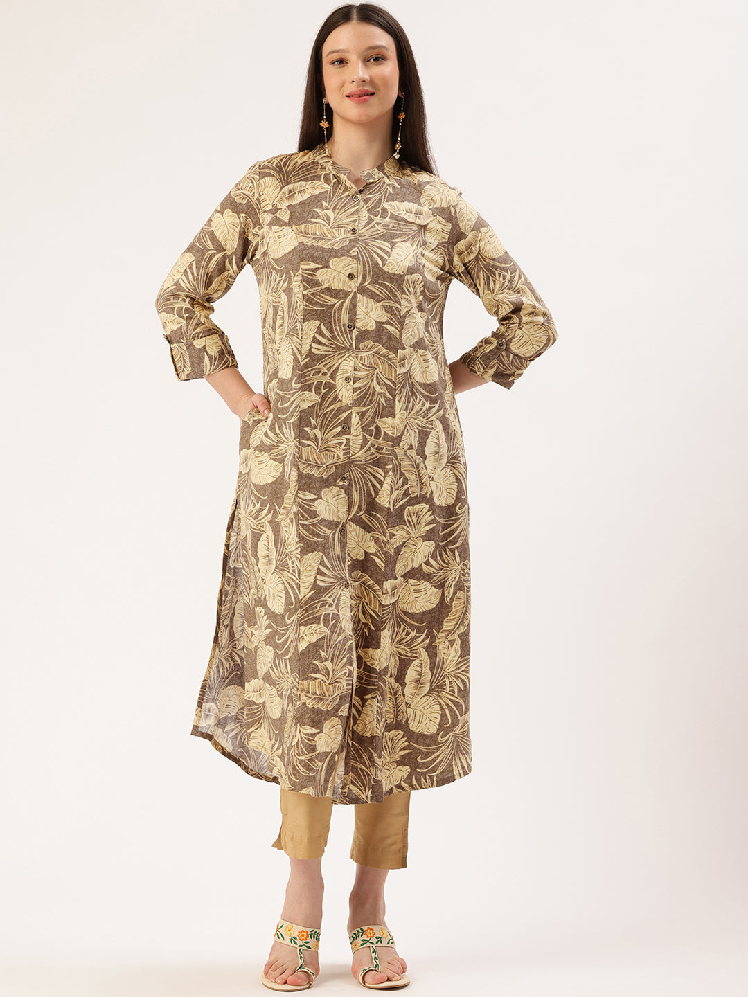 Brown Floral Printed Kurta, Princess Cur Kurta, A-Line Kurta, Floral Print, Mandarin Collar kurta, printed kurta