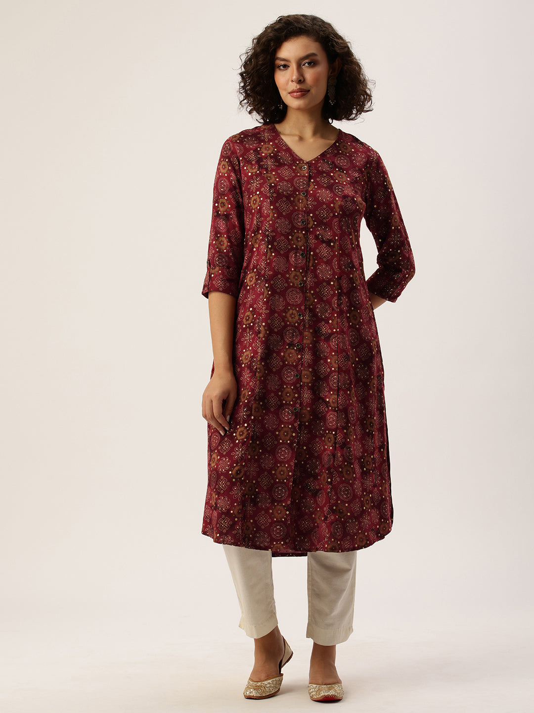 Wine Ethnic Motifs Printed Kurta, Princess Cur Kurta, A-Line Kurta, Floral Print, Mandarin Collar kurta, printed kurta