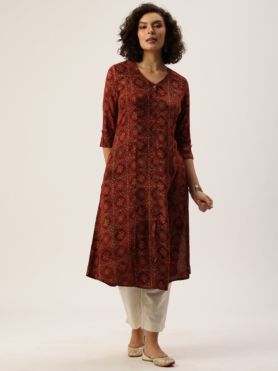 Wine Ethnic Motifs Printed Kurta, Princess Cur Kurta, A-Line Kurta, Floral Print, Mandarin Collar kurta, printed kurta