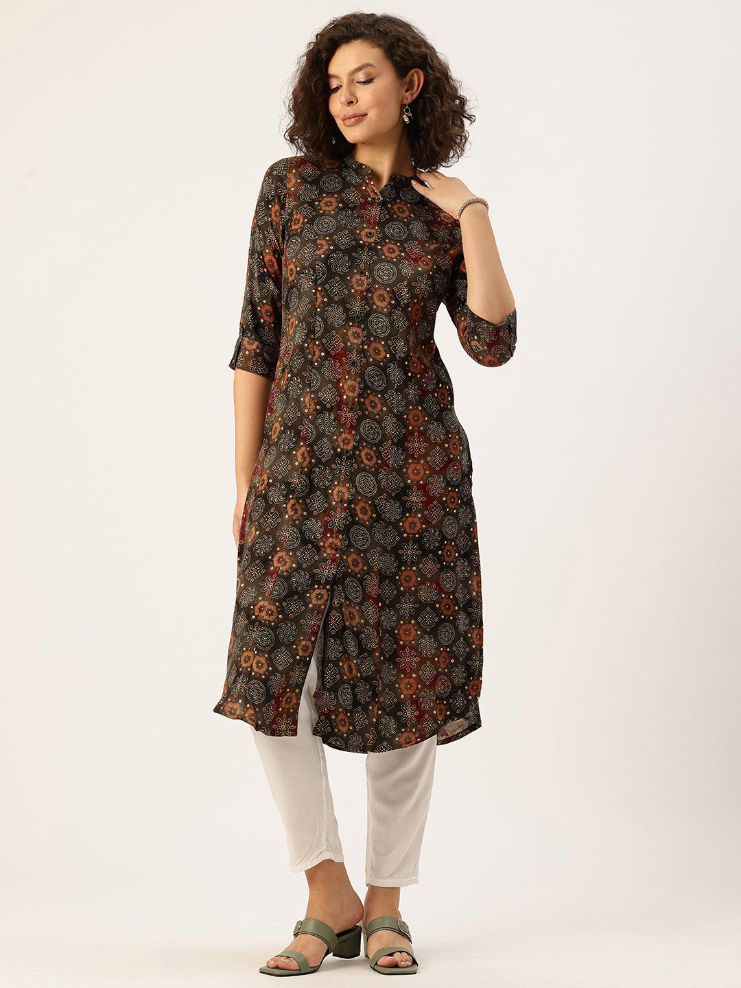 Olive Green Geometric Printed Kurta, Princess Cur Kurta, A-Line Kurta, Floral Print, Mandarin Collar kurta, printed kurta