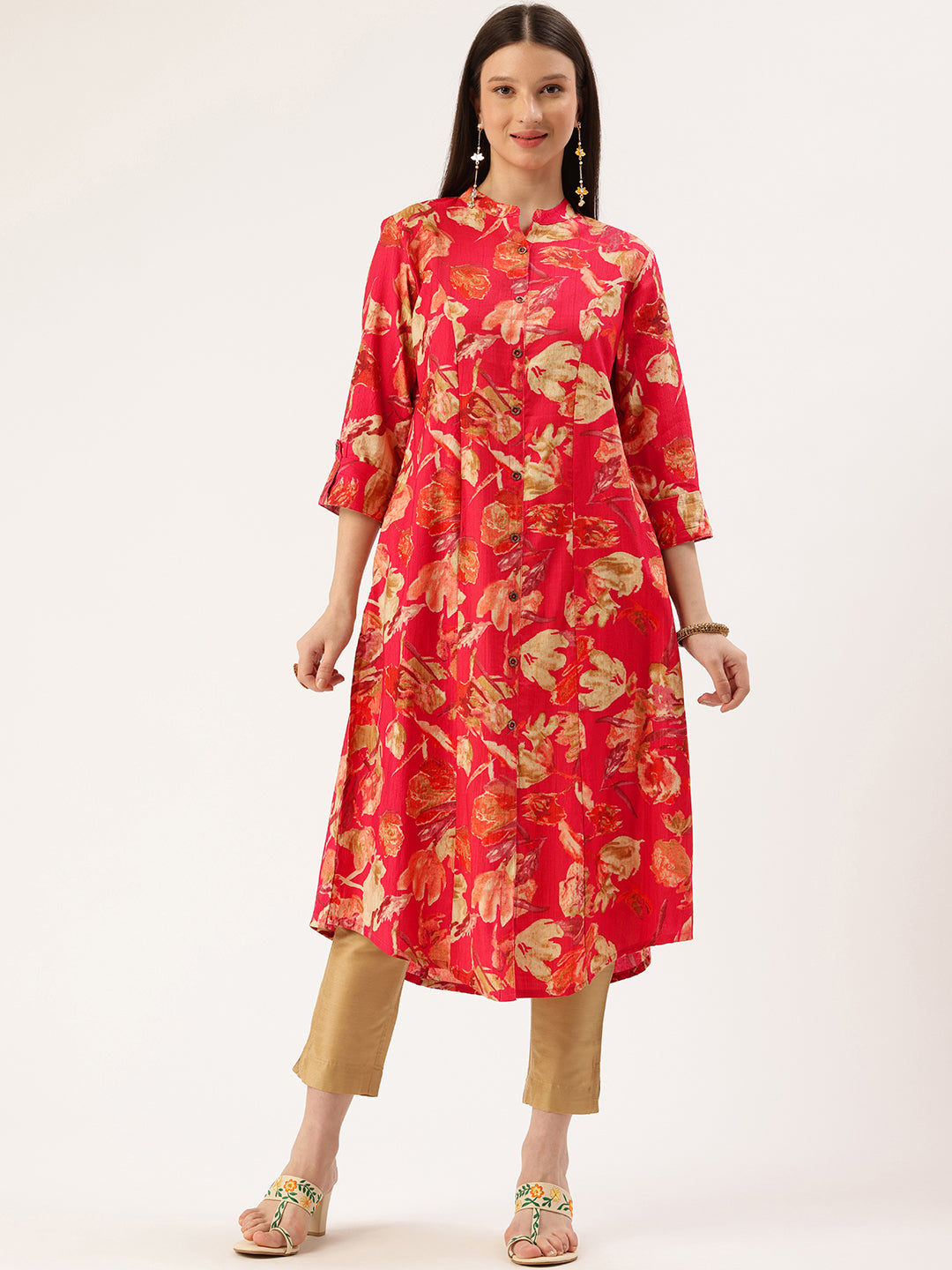 Red Floral Printed Kurta, Princess Cur Kurta, A-Line Kurta, Floral Print, Mandarin Collar kurta, printed kurta