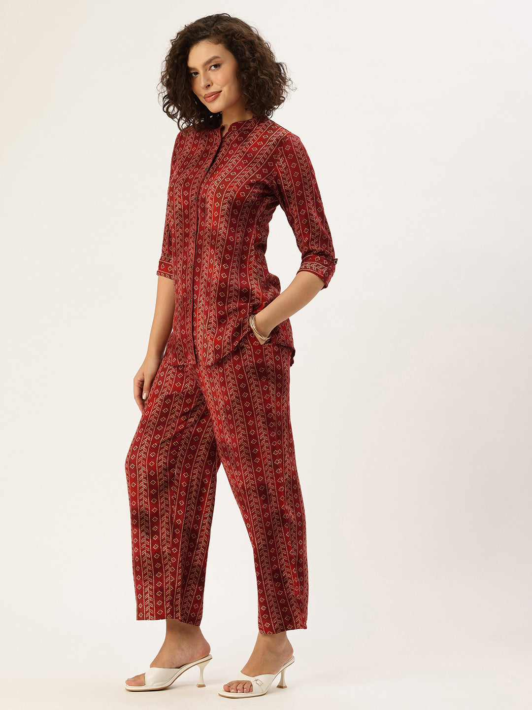 Wine Bandhani Printed Co-Ords, floral Printed Co-Ords Set, Bandhani Printed Palazzos Set, printed co-ords, Bandhani printed, co-ord set, Shirt and palazzo set, women’s co-ords, elegant co-ords, two-piece set