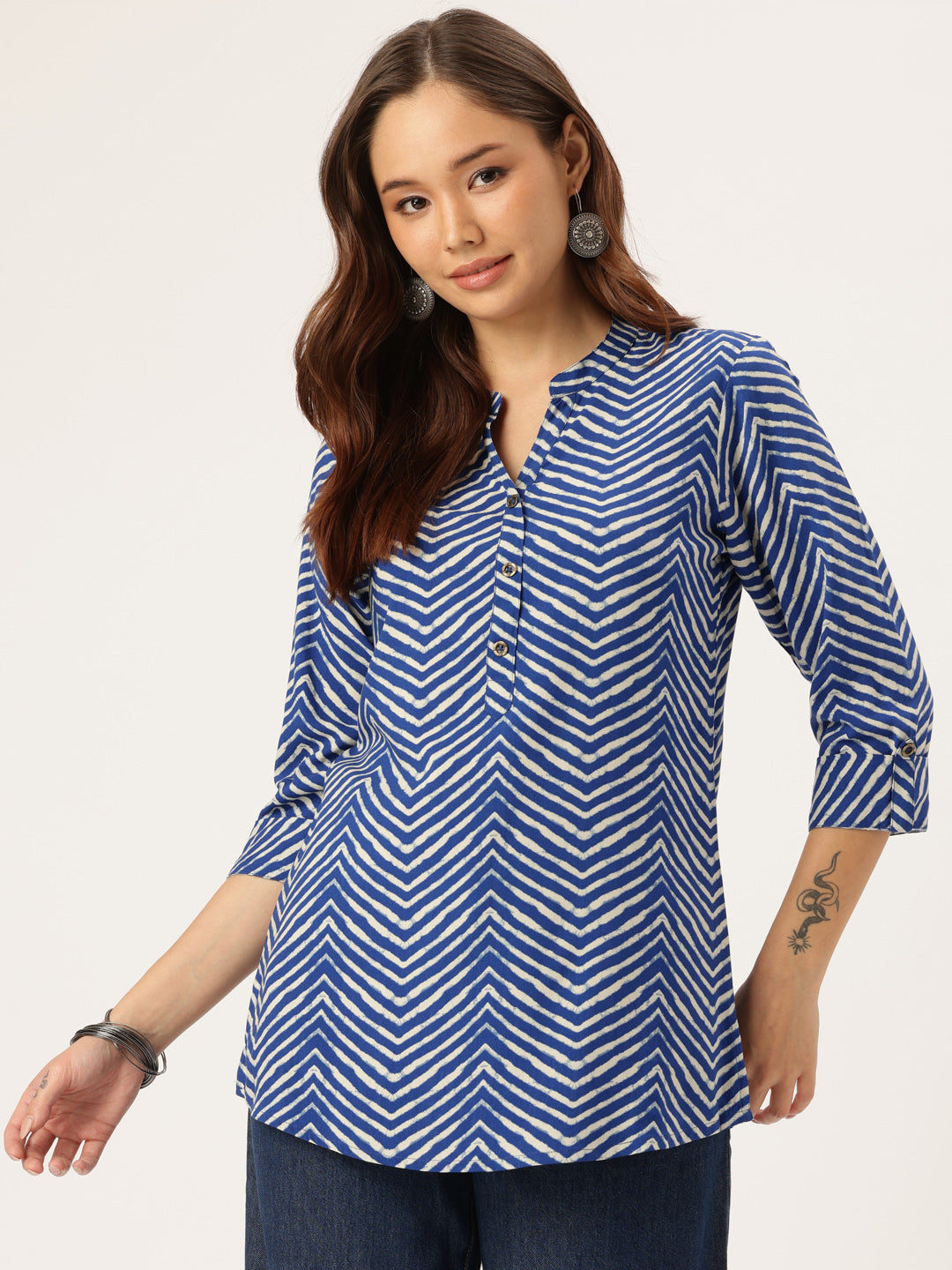 Blue Zig-Zag Print Tunic, Floral Printed Tunic, printed tunic, mandarin collar Tunic, casual wear Tunic, women’s tunic, Office Wear Tunic