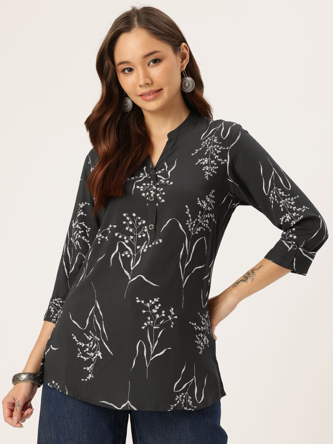Grey Printed Tunic, Floral Printed Tunic, printed tunic, mandarin collar Tunic, casual wear Tunic, women’s tunic, Office Wear Tunic