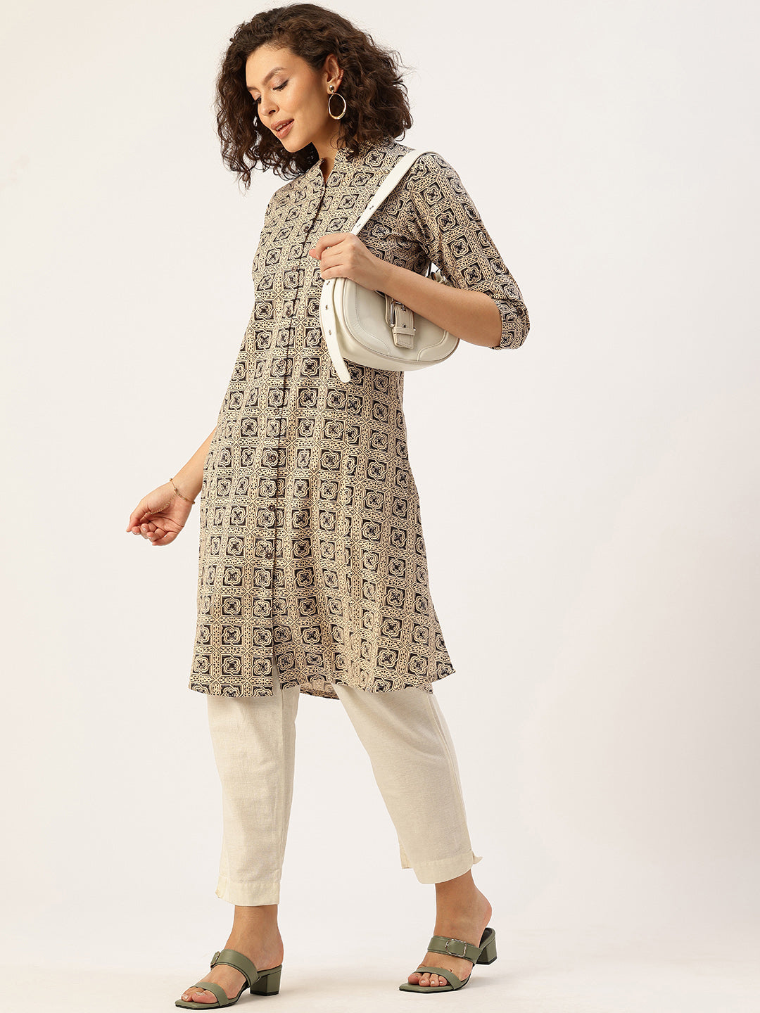 Beige Printed A Line Kurta