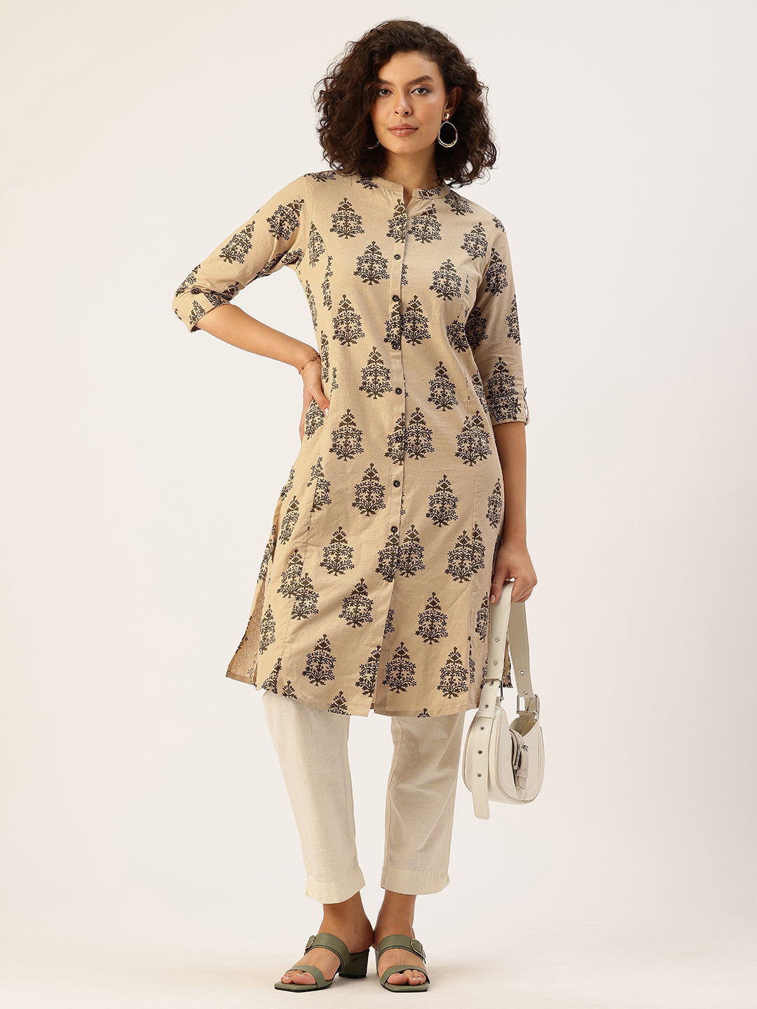 Beige Printed A Line Kurta