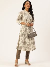 Beige Floral Printed Pure A Line Kurta