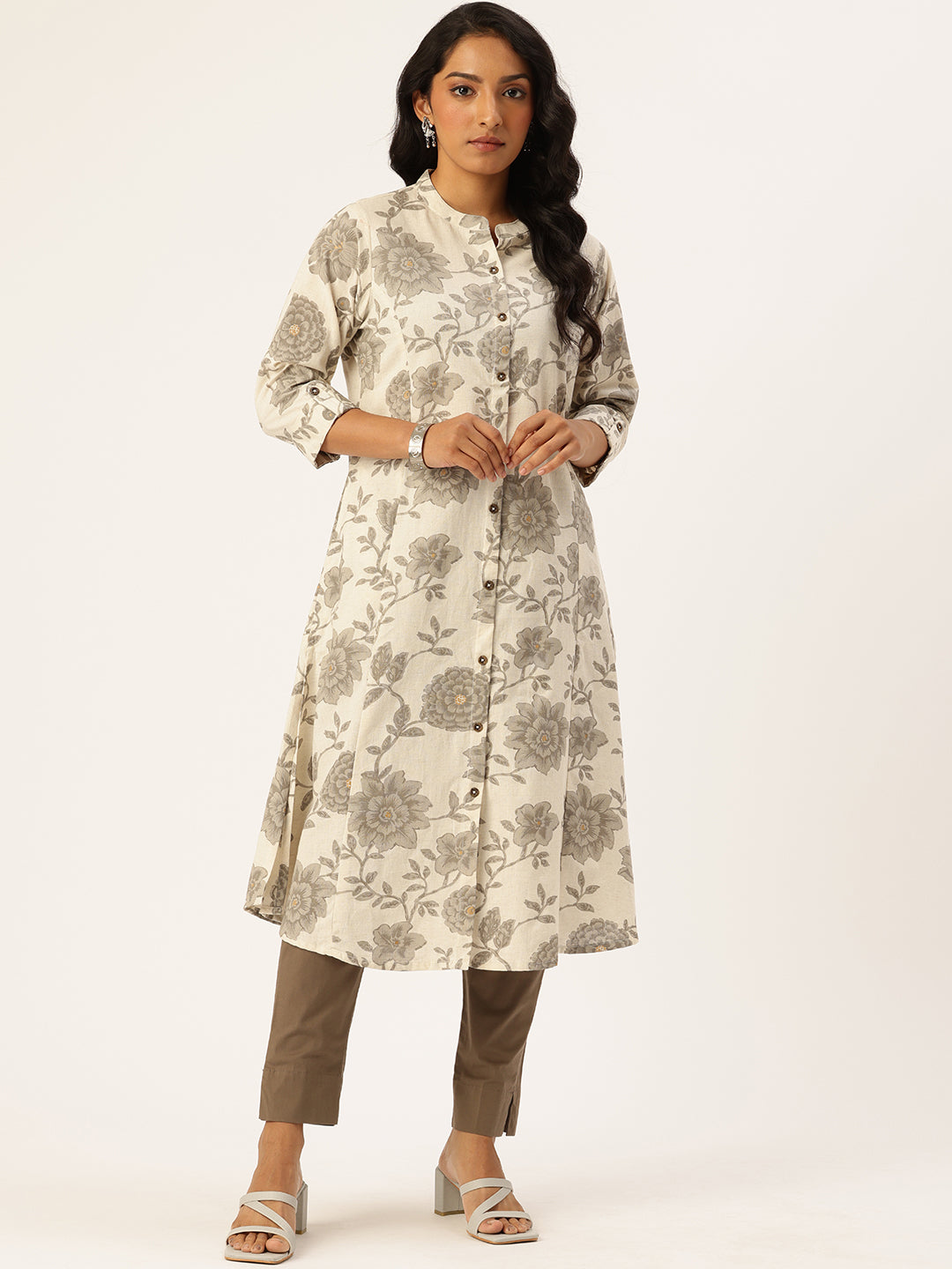 Beige Floral Printed Pure A Line Kurta, Princess Cur Kurta, A-Line Kurta, Floral Print, Mandarin Collar kurta, printed kurta