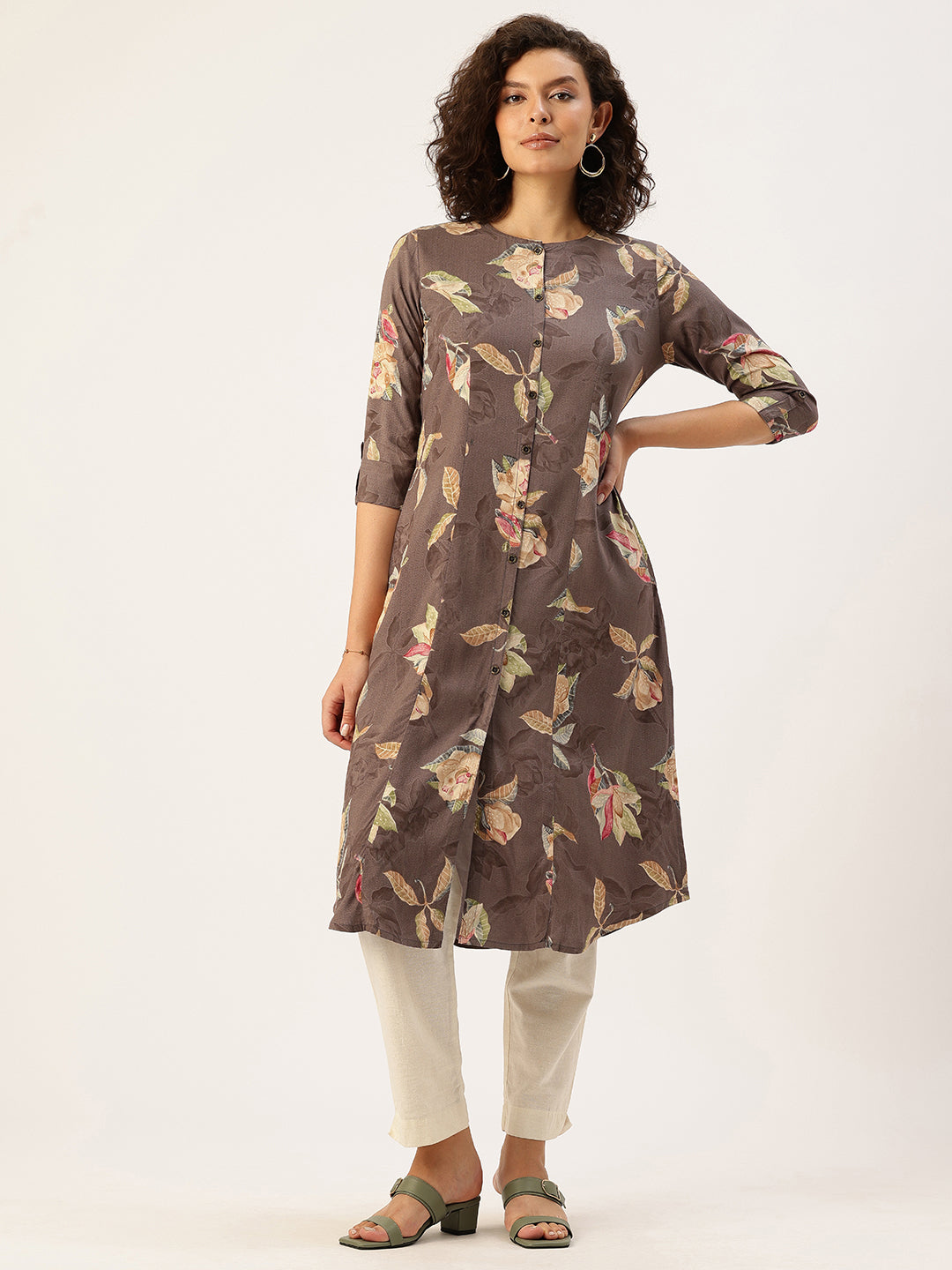 Brown Floral Printed Kurta