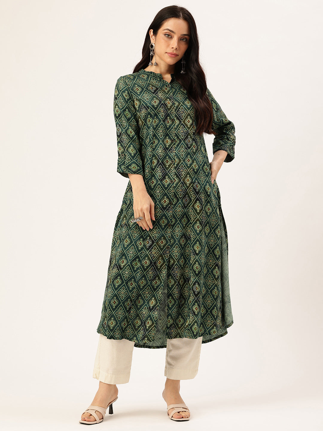 Green Geometric Printed Kurta, Princess Cur Kurta, A-Line Kurta, Geometric Print, Mandarin Collar kurta, printed kurta