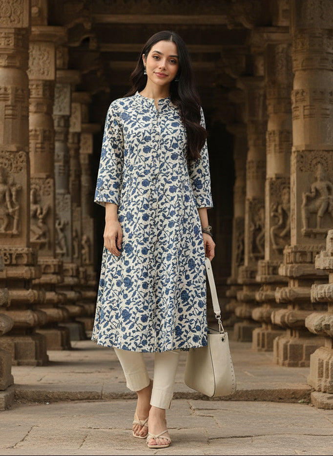 Beige & Blue Printed A Line Kurta, Princess Cur Kurta, A-Line Kurta, Floral Print, Mandarin Collar kurta, printed kurta