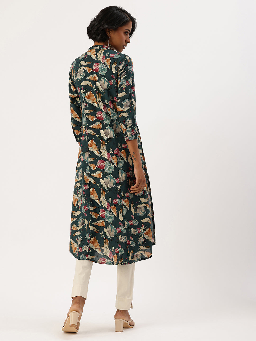 Blue & Multi Floral Printed Kurta, Princess Cur Kurta, A-Line Kurta, Floral Print, Mandarin Collar kurta, printed kurta