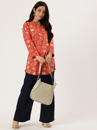 Red Leaf Printed Mandarin Collar Tunic