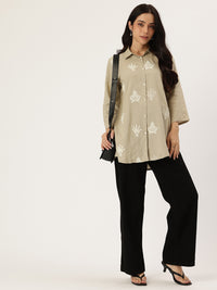 Beige Floral Embroidered Shirt Collar Tunic