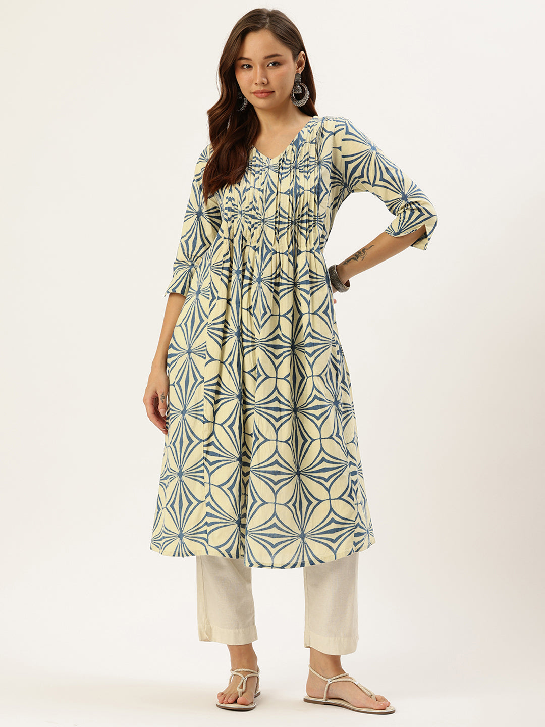 Beige & Blue Abstract Printed Kurta, Princess Cur Kurta, A-Line Kurta, Abstract Print, V neck kurta, printed kurta