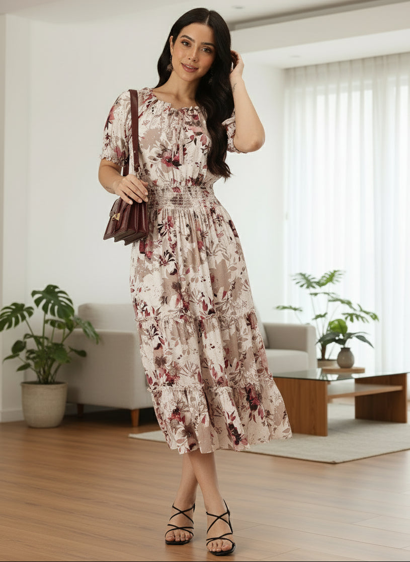 White Floral Print Off-Shoulder Puff Sleeve Fit & Flare Midi Dress Amukti - The Women's Ethnic Fashion Store White Floral Print Off-Shoulder Puff Sleeve Fit & Flare Midi Dress Amukti - The Women's Ethnic Fashion Store
