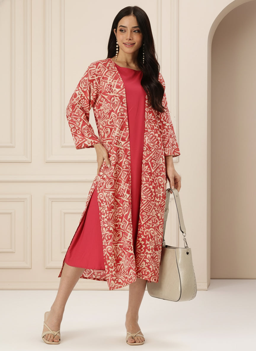 Pink Printed Dress With Shrug – Amukti