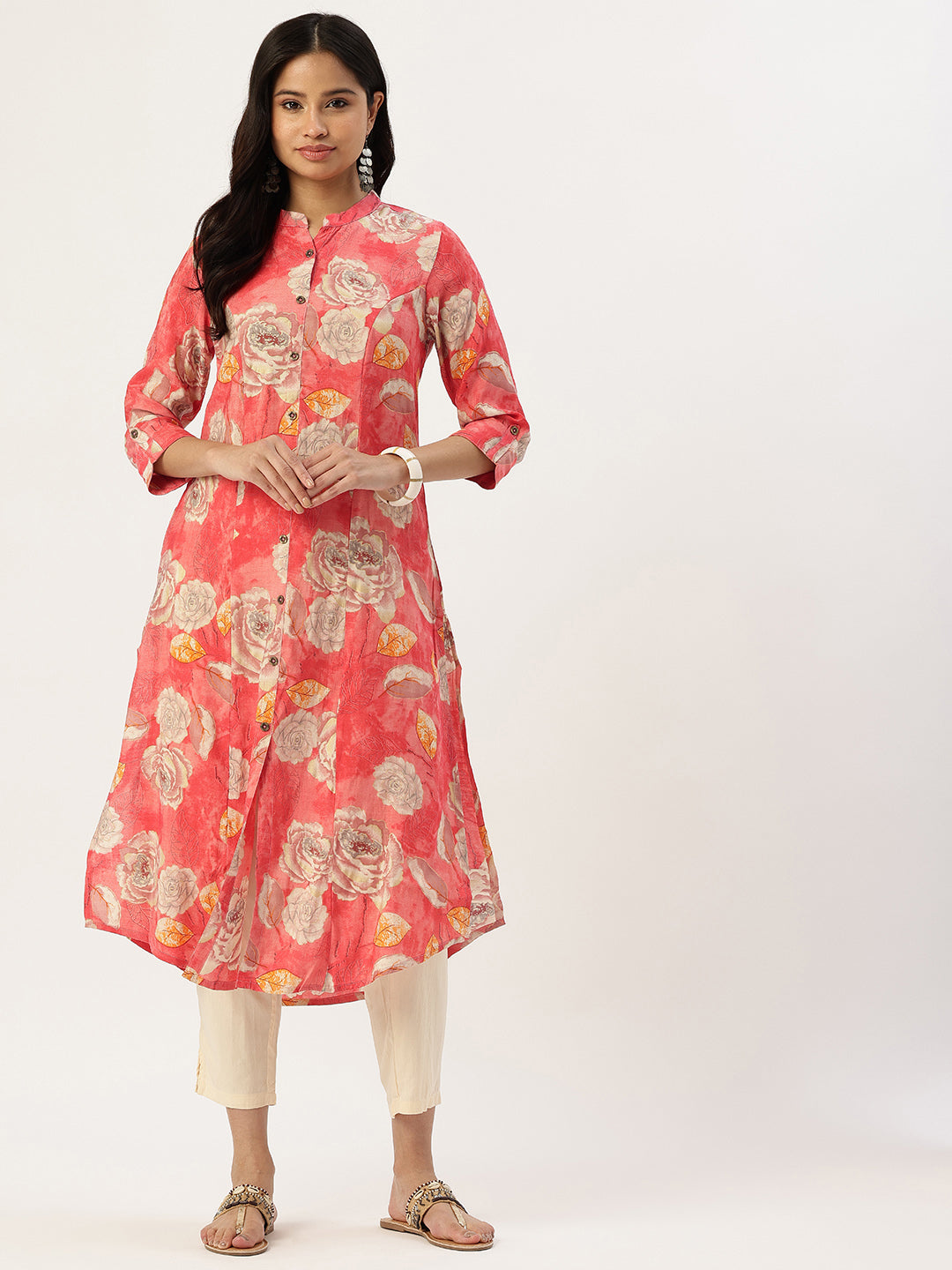 Red Floral Printed Kurta, Princess Cur Kurta, A-Line Kurta, Floral Print, Mandarin Collar kurta, printed kurta