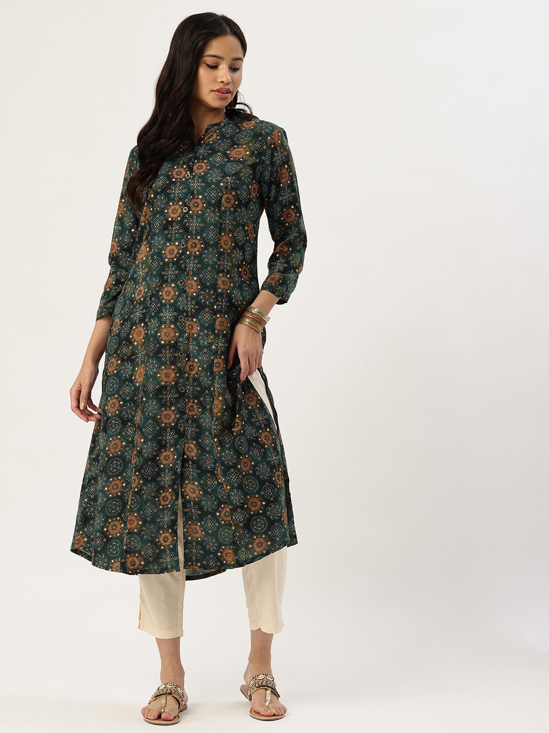 Green Geometric Printed Kurta, Princess Cur Kurta, A-Line Kurta, Geometric Print, Mandarin Collar kurta, printed kurta