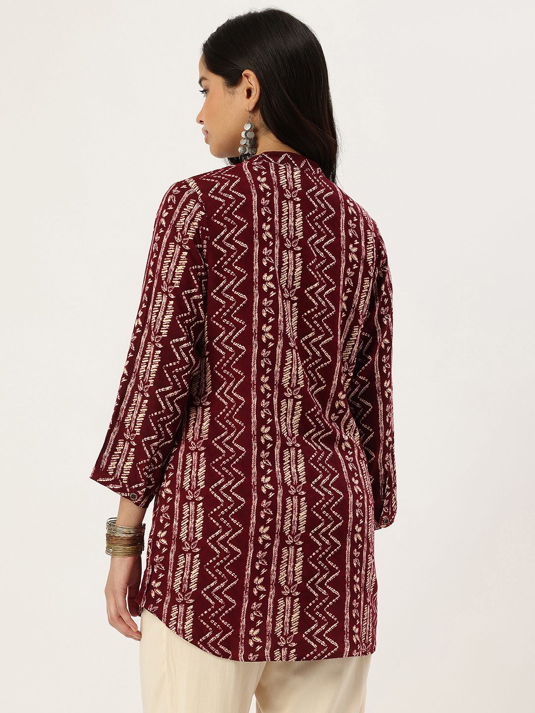 Wine Zig-Zag Print Tunic, Zig-Zag Printed Tunic, printed tunic, mandarin collar Tunic, casual wear Tunic, women’s tunic, Office Wear Tunic