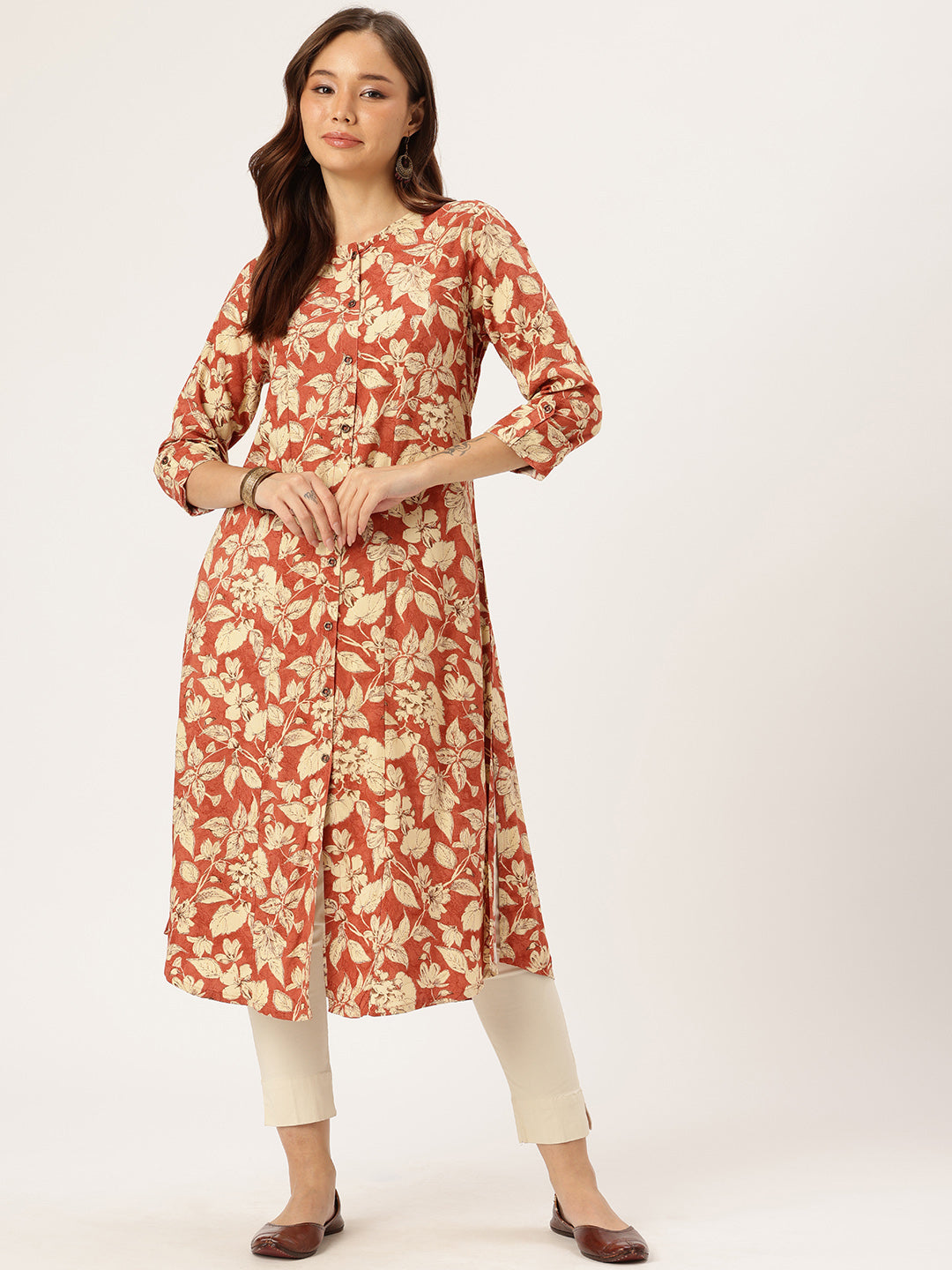 Red Floral Printed Kurta, Princess Cur Kurta, A-Line Kurta, Floral Print, Round Neck, printed kurta