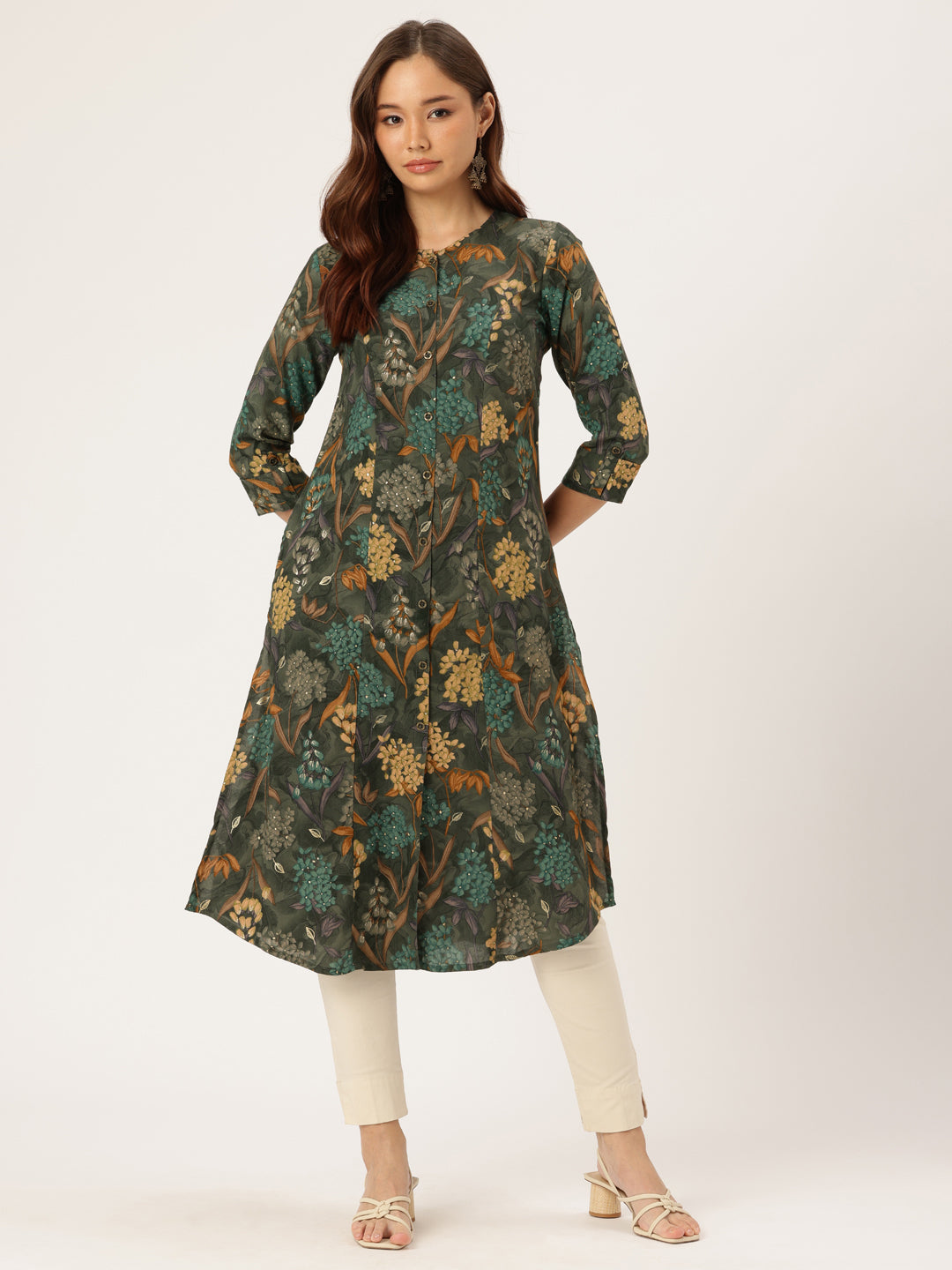 Olive Floral Printed Kurta