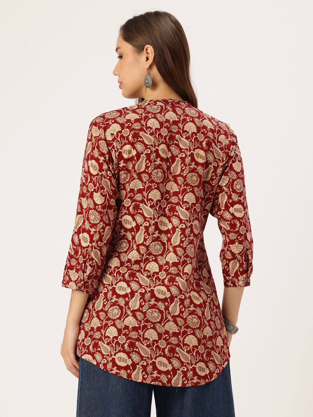 Maroon Floral Printed Mandarin Collar Tunic, Floral Printed Tunic, printed tunic, mandarin collar Tunic, casual wear Tunic, women’s tunic, Office Wear Tunic