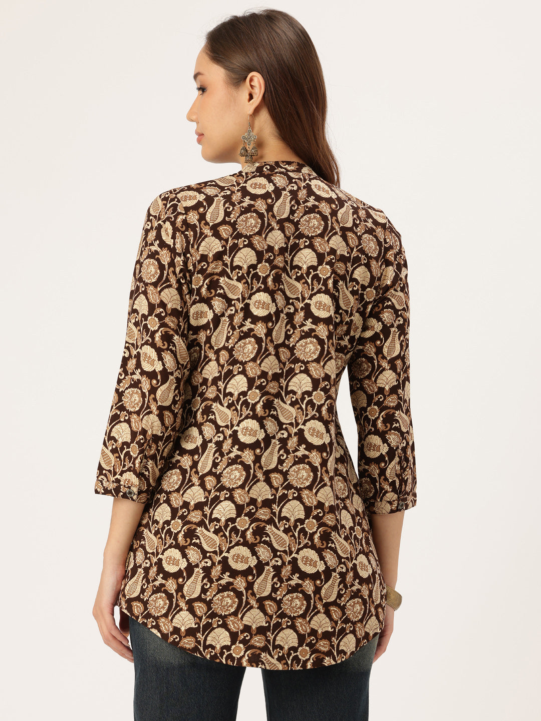 Brown Floral Printed Mandarin Collar Tunic, Floral Printed Tunic, printed tunic, mandarin collar Tunic, casual wear Tunic, women’s tunic, Office Wear Tunic