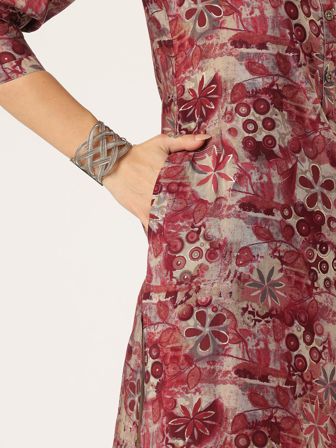 Red & Beige Floral Printed Kurta, Floral Print, Mandarin Collar kurta, printed kurta