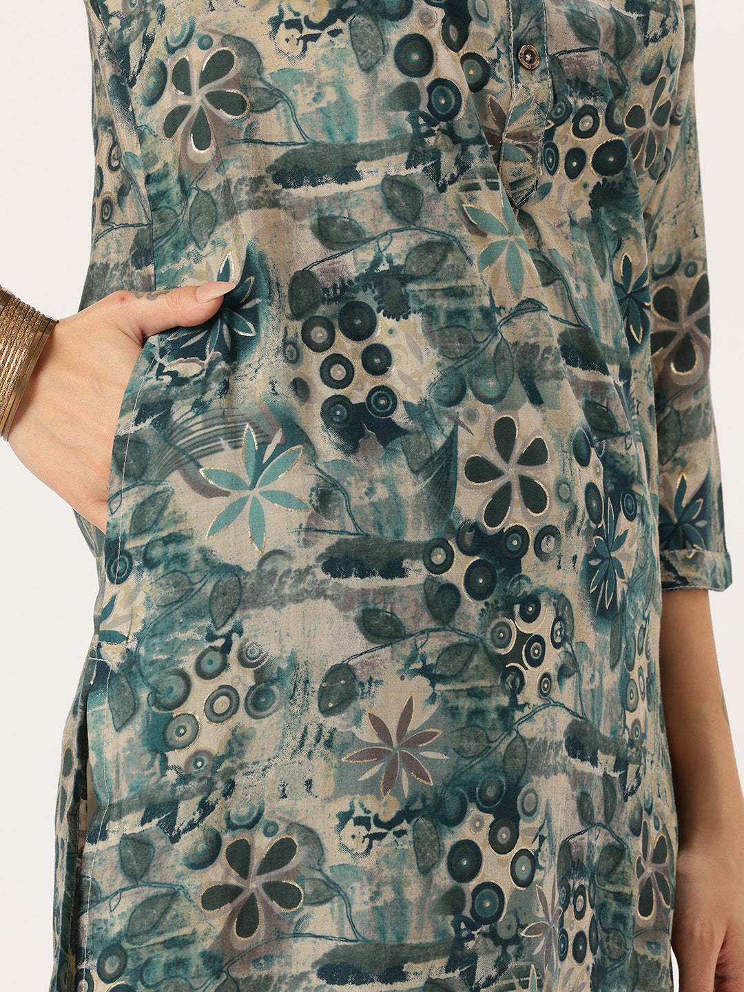 Blue & Beige Floral Printed Kurta, Floral Print, Mandarin Collar kurta, printed kurta