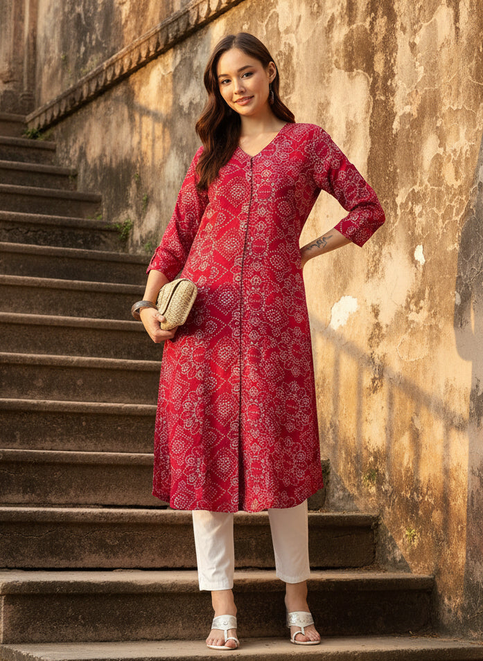 Red Floral Printed Kurta, Princess Cur Kurta, A-Line Kurta, Floral Print, V-neck, printed kurta, Pink kurta, red kurta