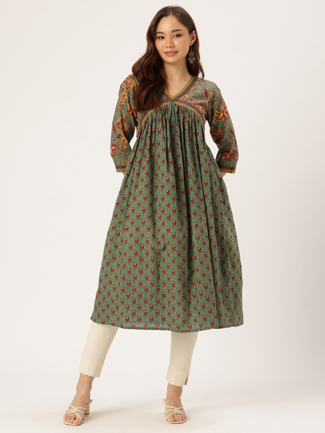 Olive Green Floral Printed Empire Style Kurta