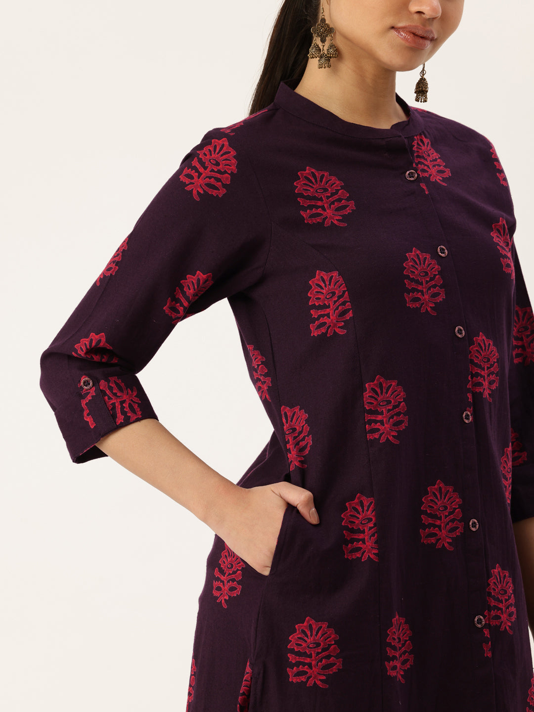 Wine Floral Printed Mandarin Collar Cotton Linen A-Line Kurta
