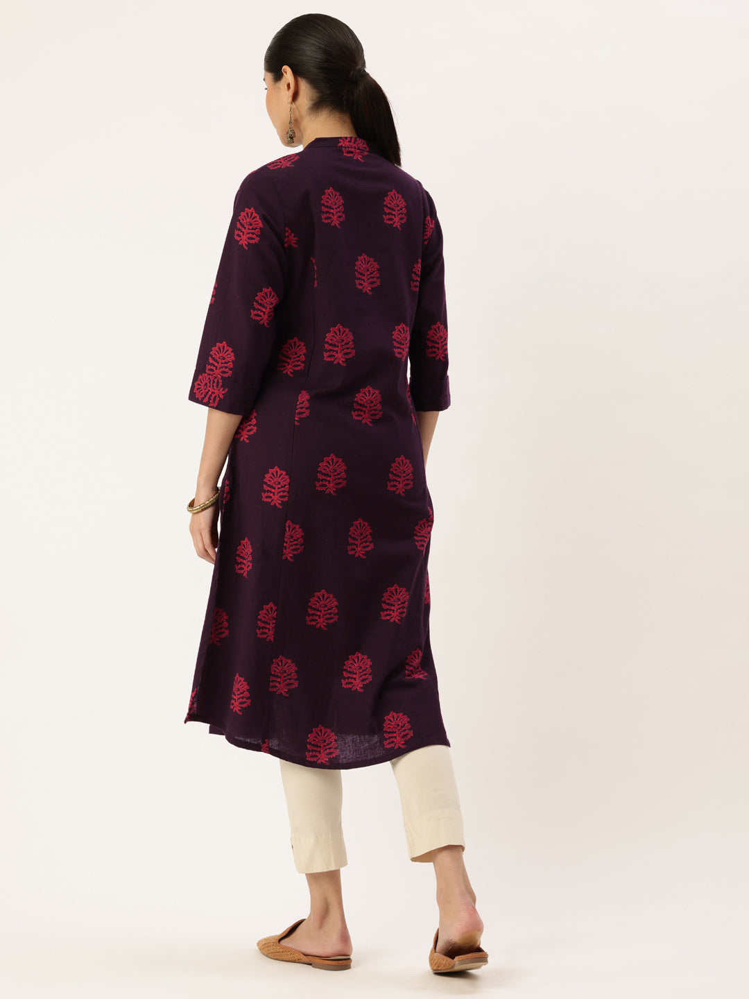 Wine Floral Printed Mandarin Collar Cotton Linen A-Line Kurta