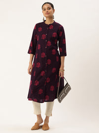 Wine Floral Printed Mandarin Collar Cotton Linen A-Line Kurta