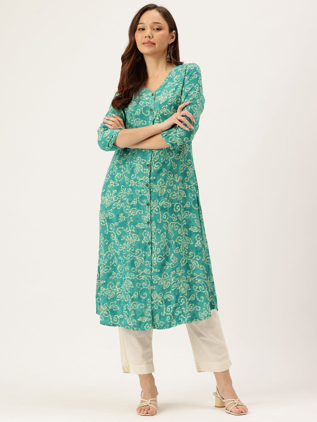 Blue Printed Kurta, Princess Cur Kurta, A-Line Kurta, Floral Print, Mandarin Collar kurta, printed kurta