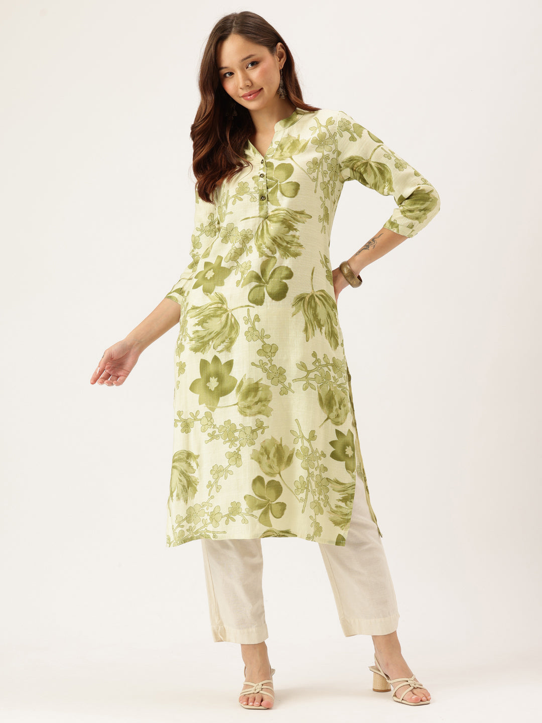 White Floral Printed Kurta, Floral Print, Mandarin Collar kurta, printed kurta, Straight Kurta