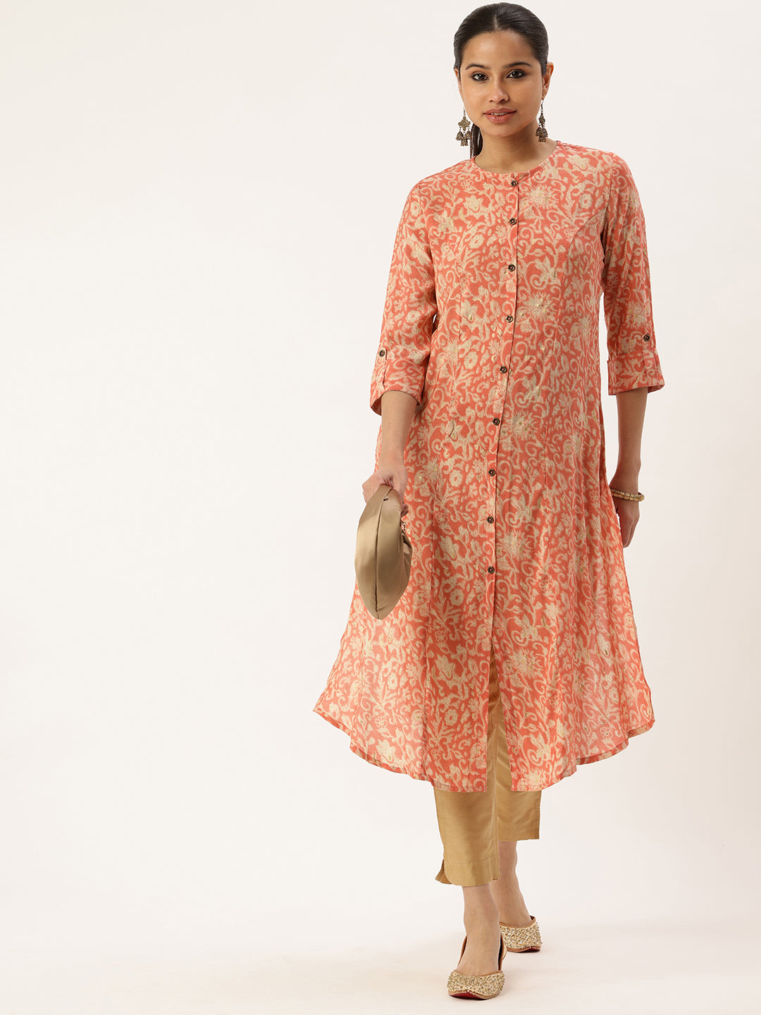 Pink Floral Printed A-Line Kurta