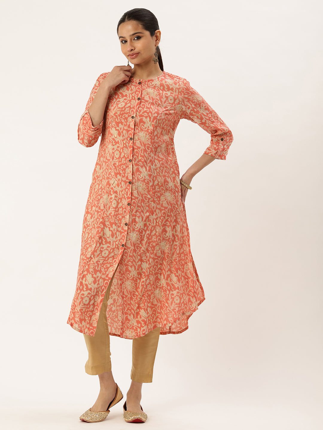 Pink Floral Printed A-Line Kurta