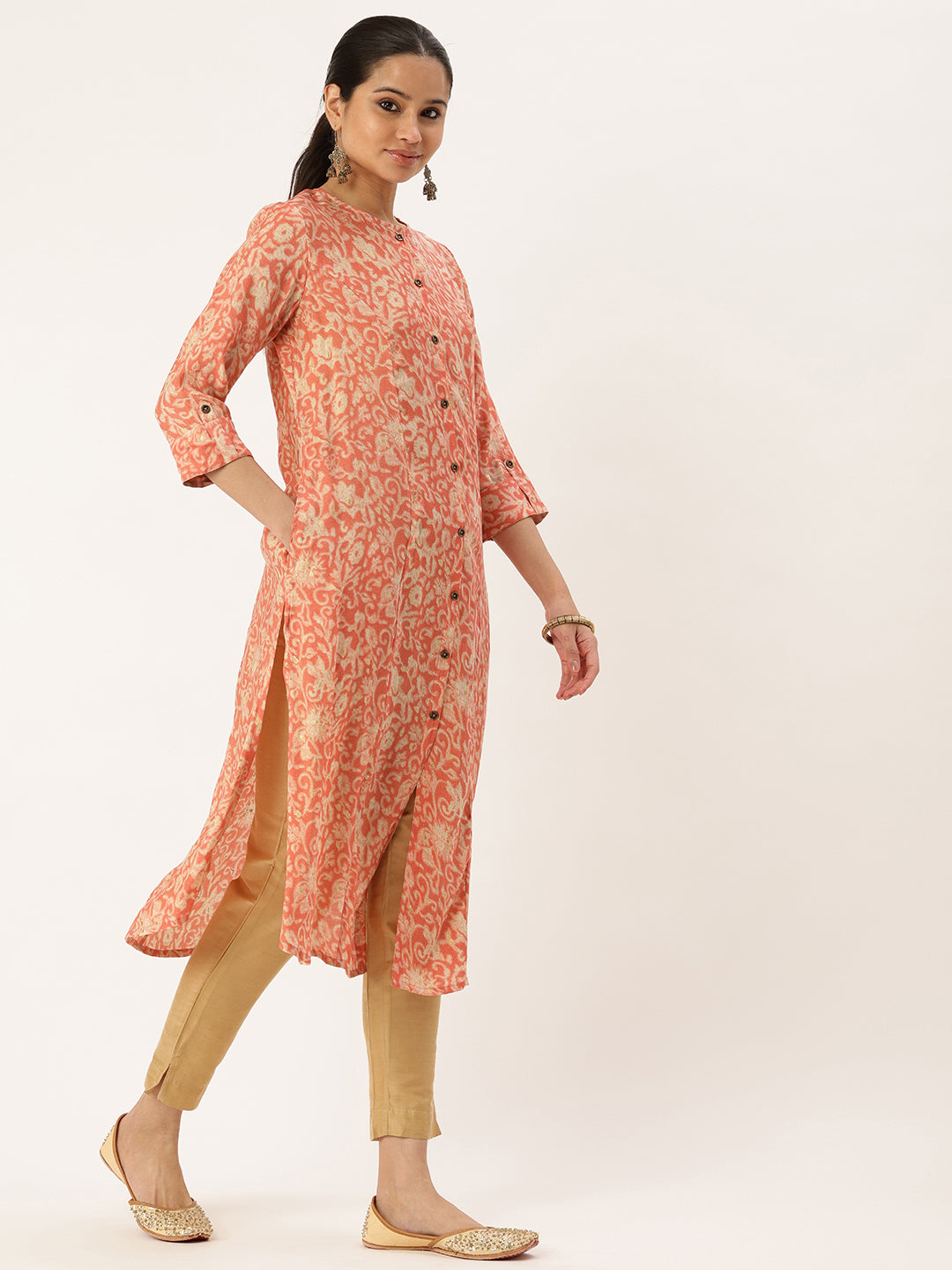 Pink Floral Printed A-Line Kurta