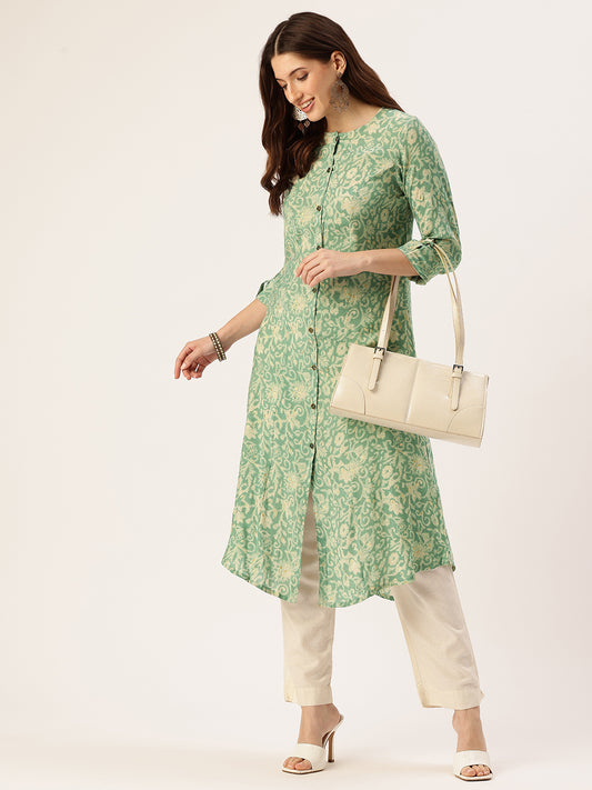 Teal Blue Floral Printed Kurta