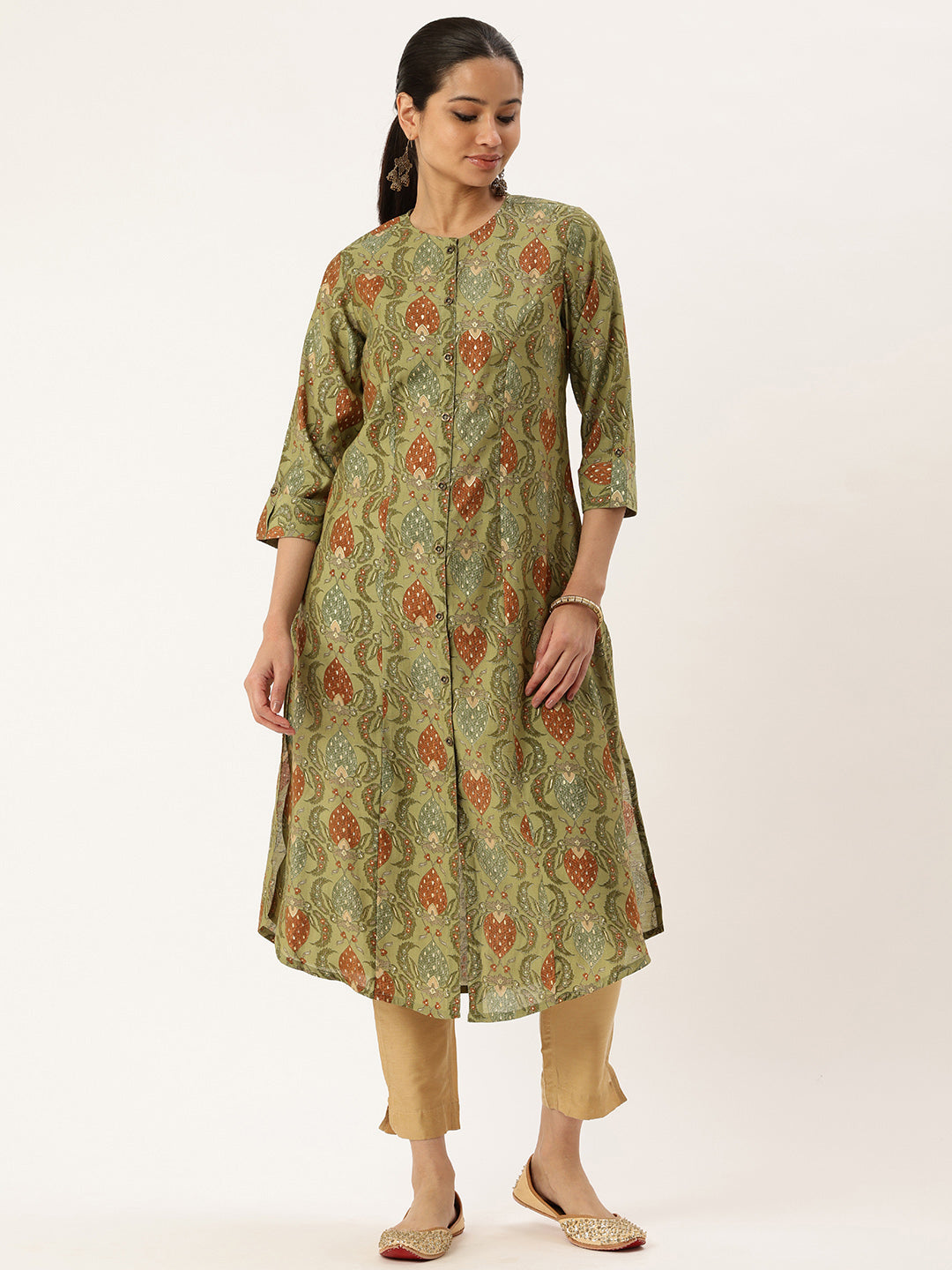 Green Floral Printed Kurta, kurta, kurtis, green kurta, princess cut kurta, printed kurta
