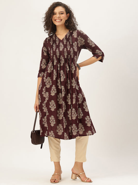 Maroon Pure Cotton Floral Printed A-Line Kurta